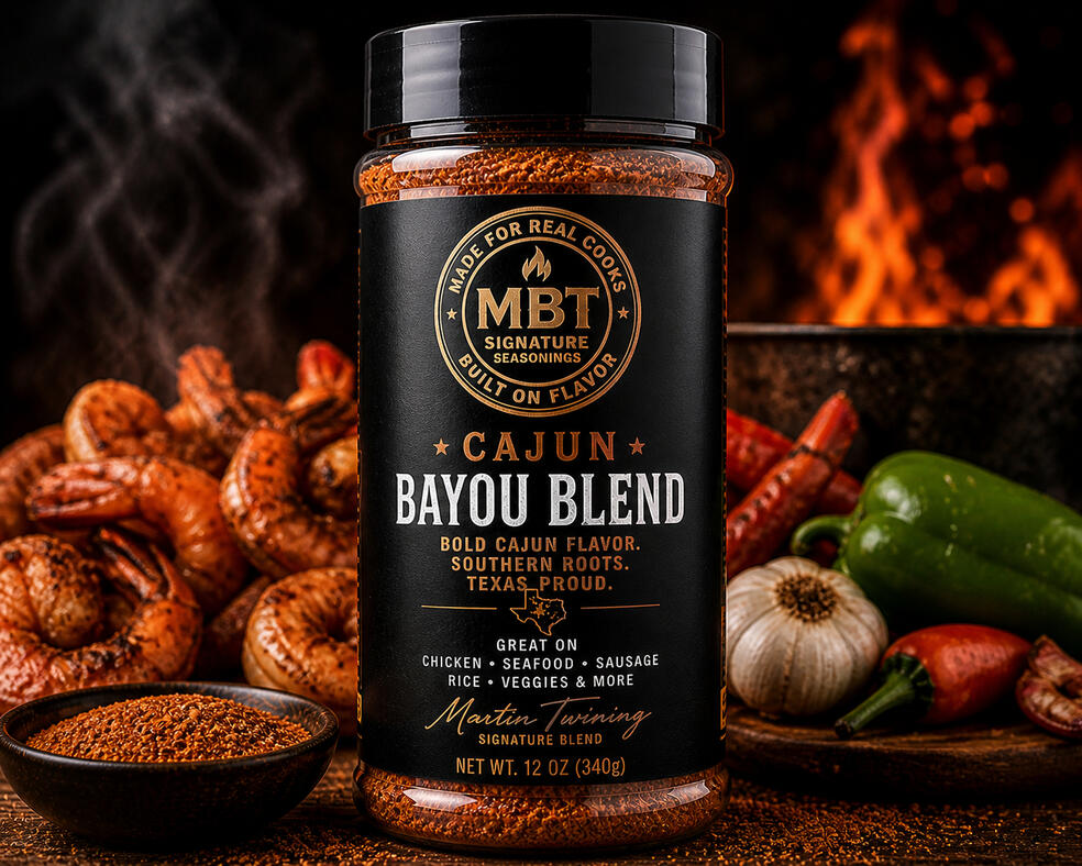 Untitled MBT Cajun Bayou Blend seasoning bottle with shrimp and rice background