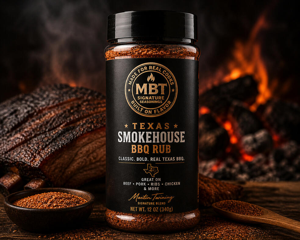Untitled MBT Texas Smokehouse BBQ Rub seasoning bottle with smoked ribs background