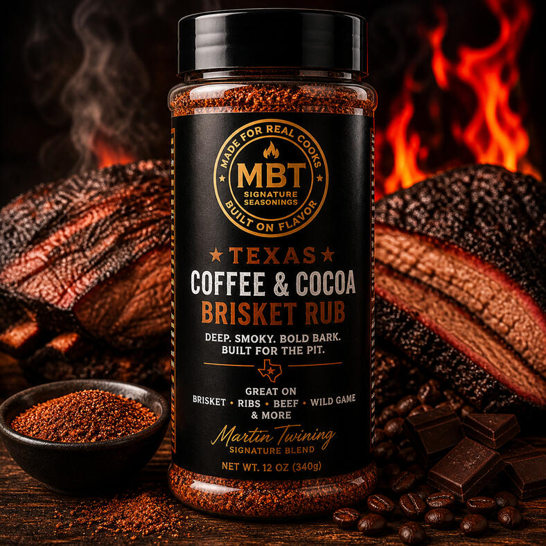 Untitled MBT Texas Coffee and Cocoa Brisket Rub seasoning bottle with smoked brisket background